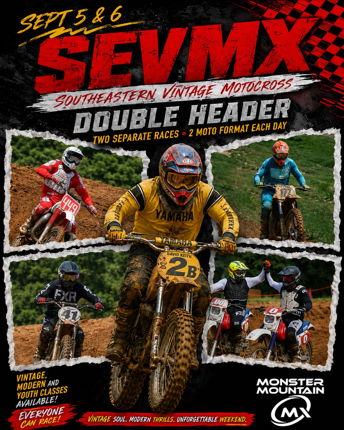 September 5th and 6th. SEVMX is coming back to Monster for a weekend full of fun and racing. 
Gate fee:
$20 Fri/Sat Entrance (no refund for early departure)
$10 Sun Entrance
5 years old & under is free.
Gate Hours-
Fri 2pm to 10pm (CST)
Sat 6:30am to 10pm (CST)
Sun opens at 6:30am (CST)
Gates will close at 10pm. Please plan accordingly!
RV hookups are available at www.rv.monstermx.com
For more information SEVMX – www.sevmx.com